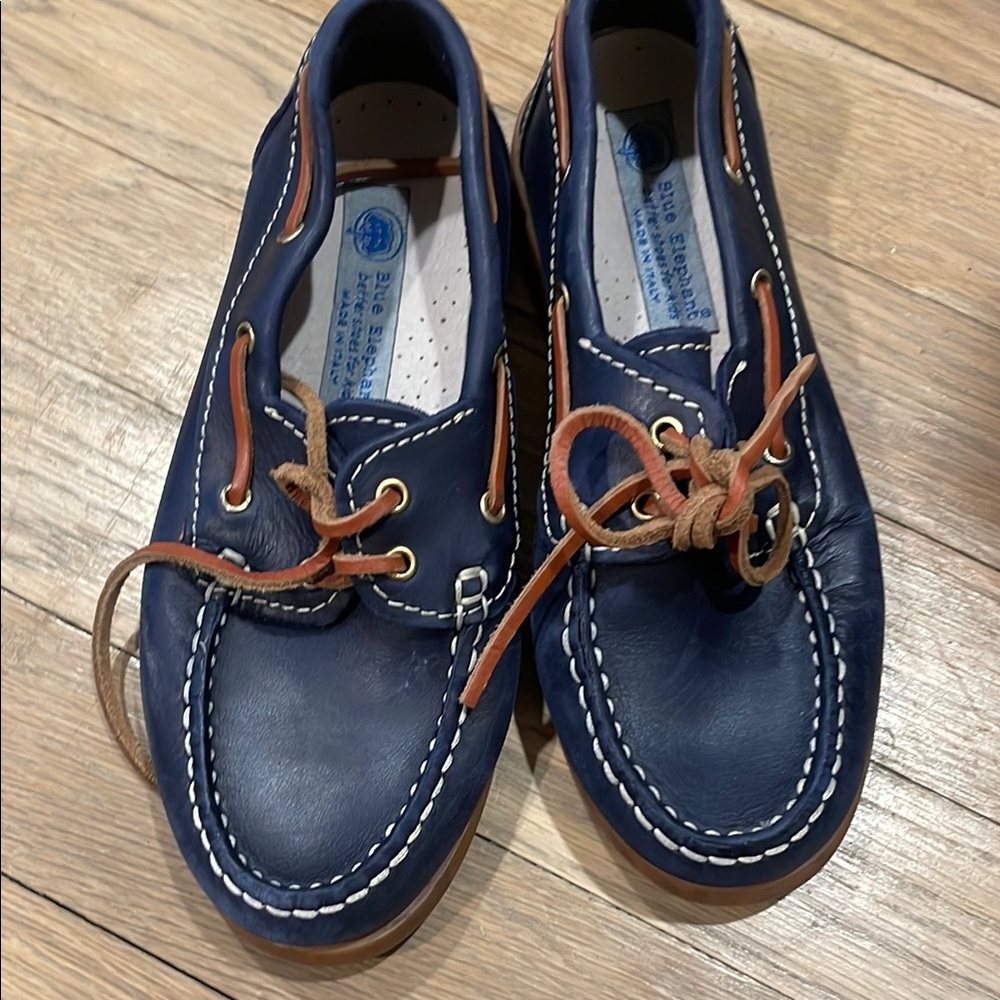 Blue Leather Kids Boat Moccasins with Tan Laces